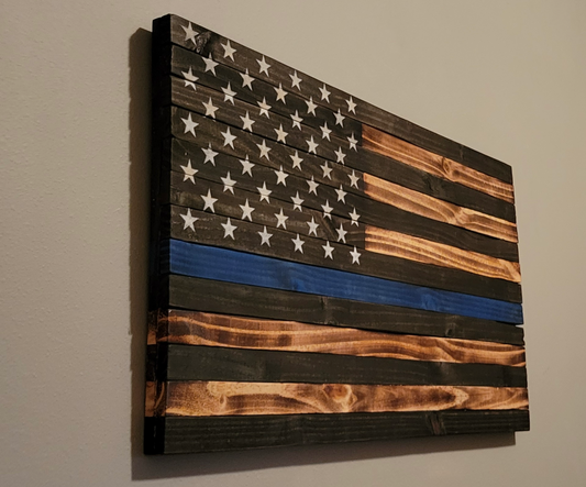 Police Wooden American Flag with Blue Line