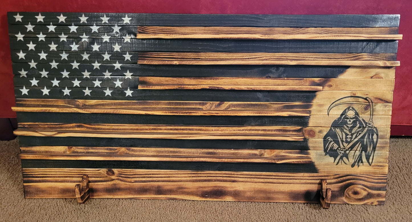 Custom Grim Reaper Coin Holder Wooden American Flag with Sword Holder