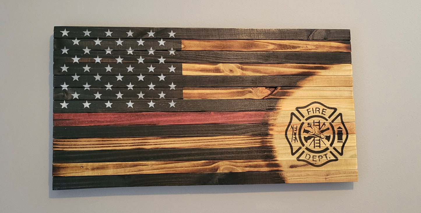 Firefighter Wooden American Flag with Red Line