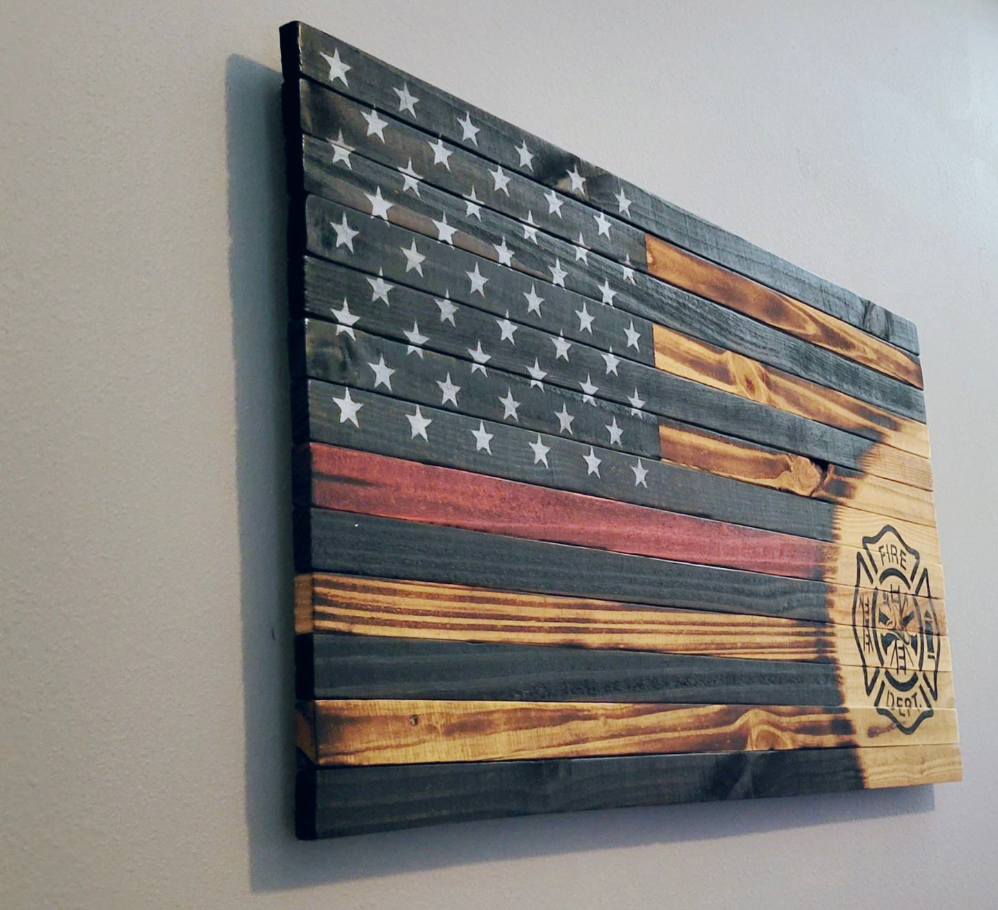 Firefighter Wooden American Flag with Red Line