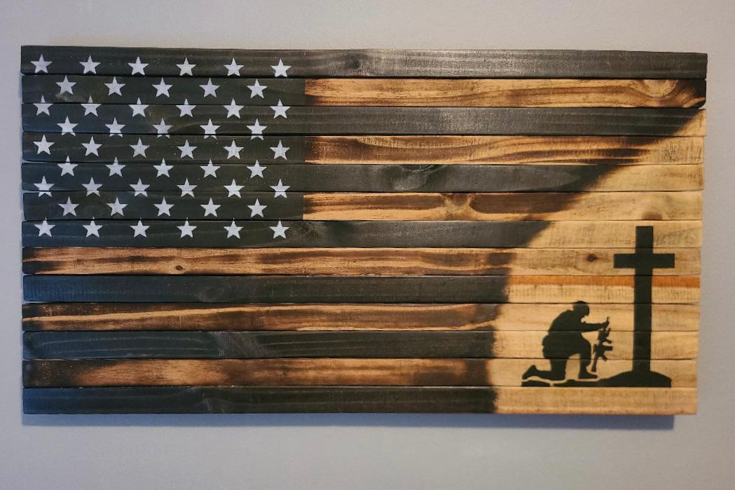 Military Kneeling Cross Wooden American Flag