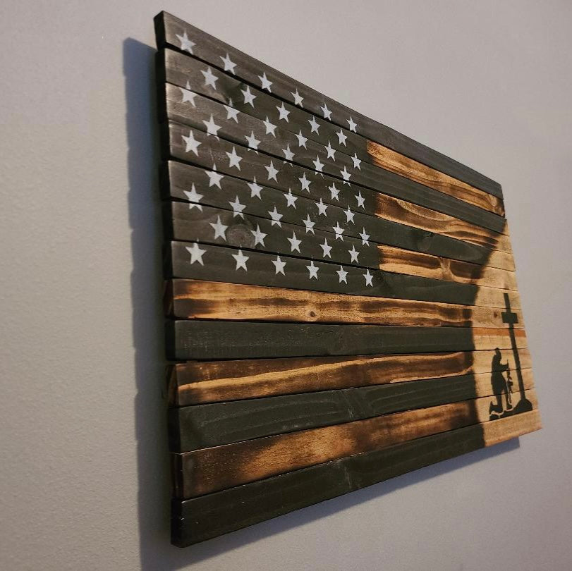 Military Kneeling Cross Wooden American Flag