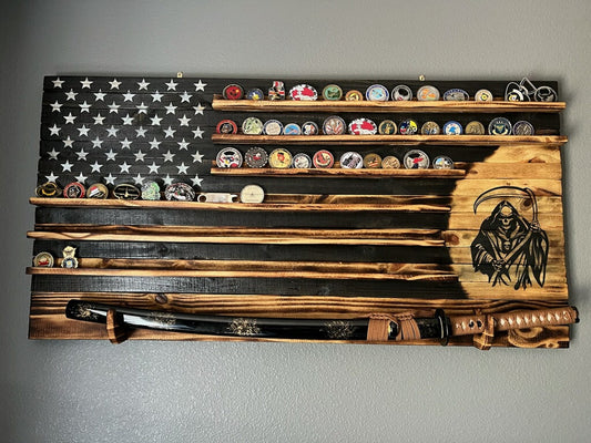 Custom Grim Reaper Coin Holder Wooden American Flag with Sword Holder