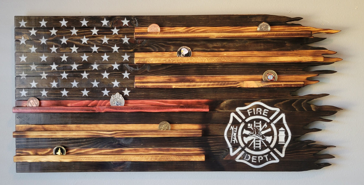 FIrefighter Wooden American Coin Holder Flag