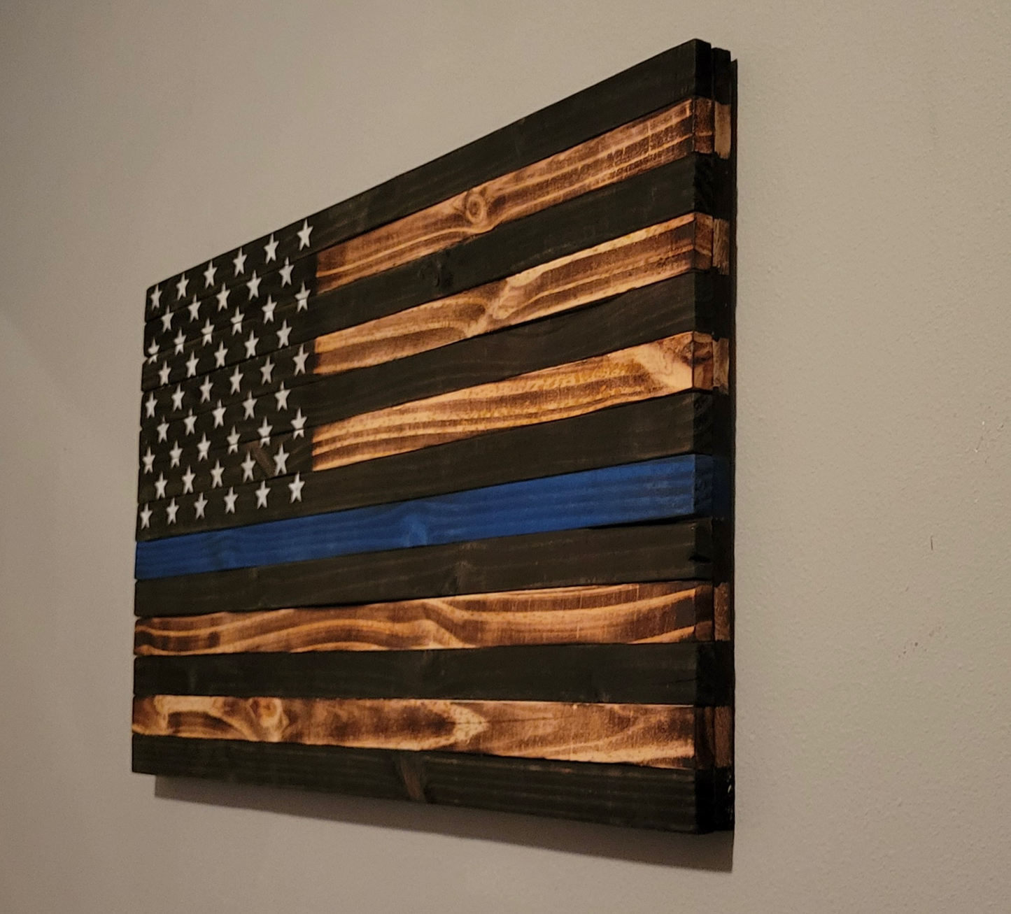 Police Wooden American Flag with Blue Line