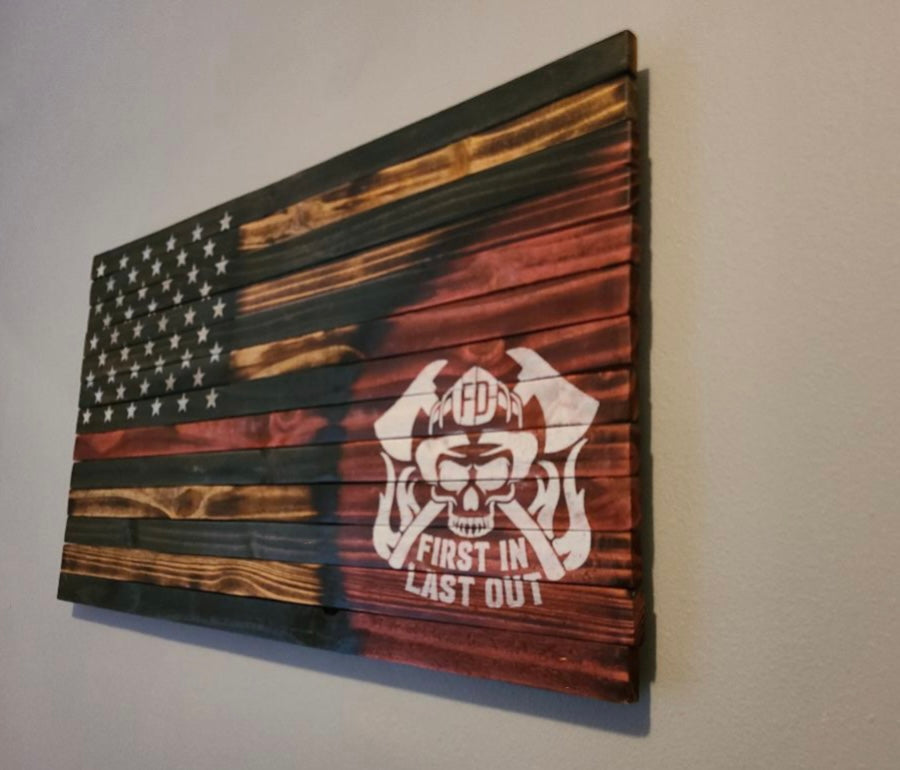 Firefighter Wooden American Flag with Red Line